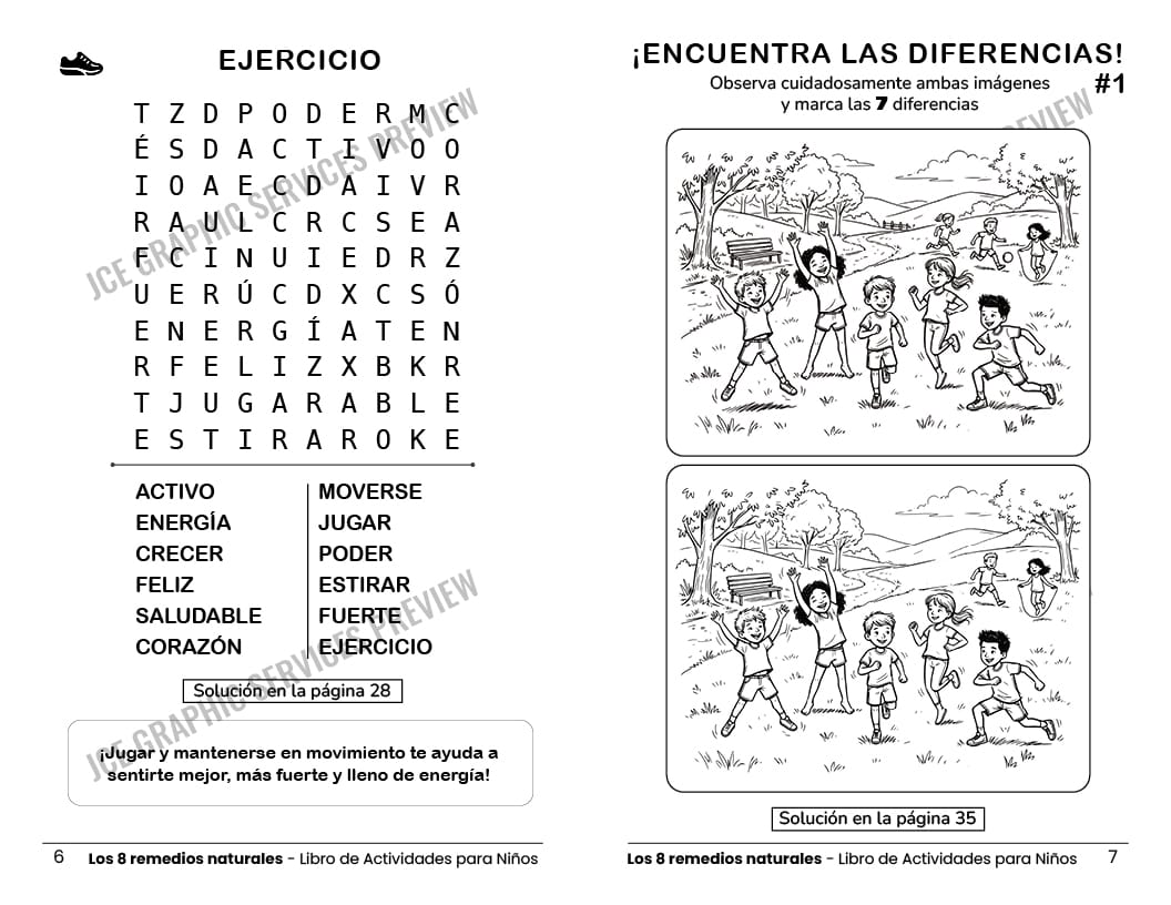 Vista interior con sopa de letras de ejercicio y diferencias