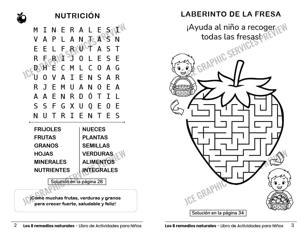 Vista interior con sopa de letras de nutrición y laberinto de fresa