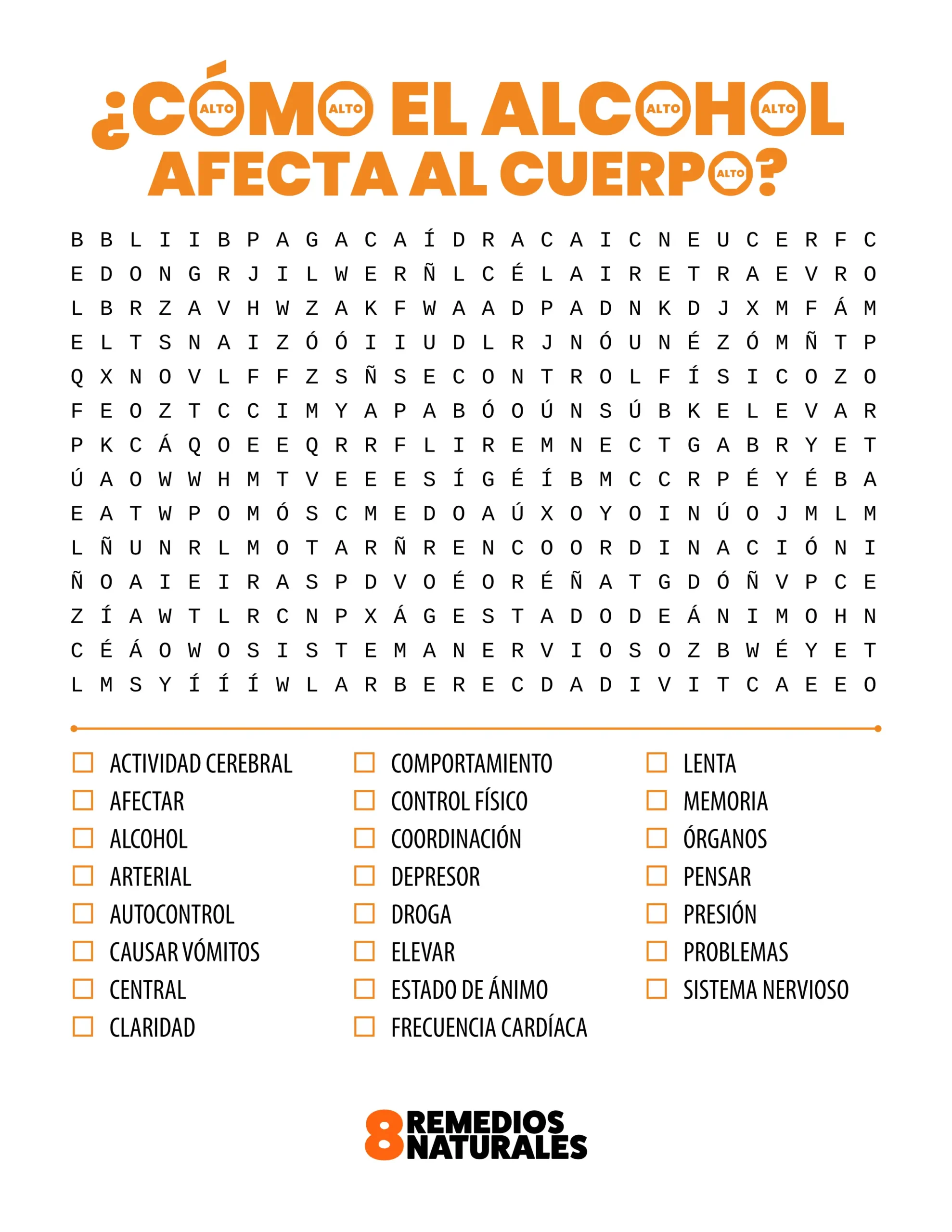 ¿Cómo el alcohol afecta al cuerpo? Sopa de letras